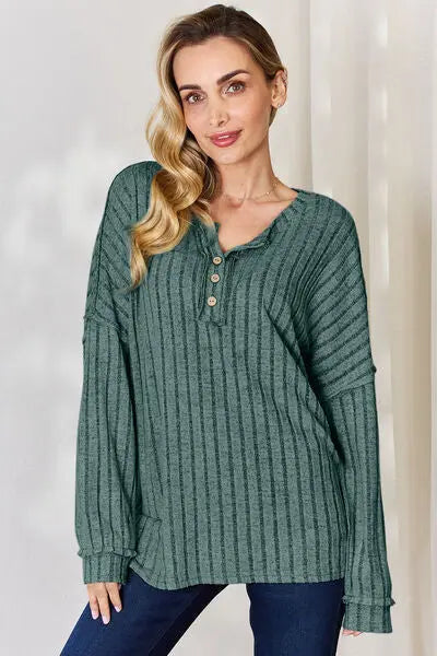 Blue Zone Planet |  Basic Bae Full Size Ribbed Half Button Long Sleeve T-Shirt BLUE ZONE PLANET