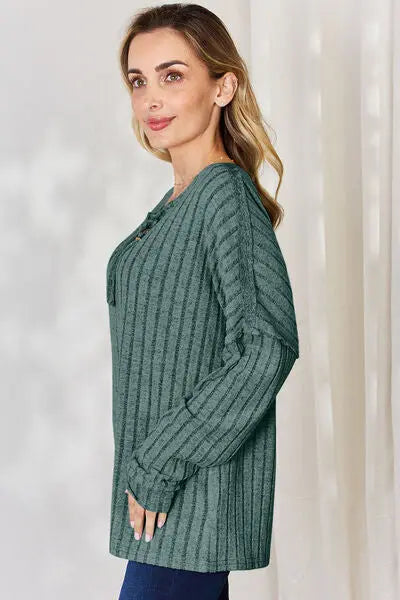 Blue Zone Planet |  Basic Bae Full Size Ribbed Half Button Long Sleeve T-Shirt BLUE ZONE PLANET