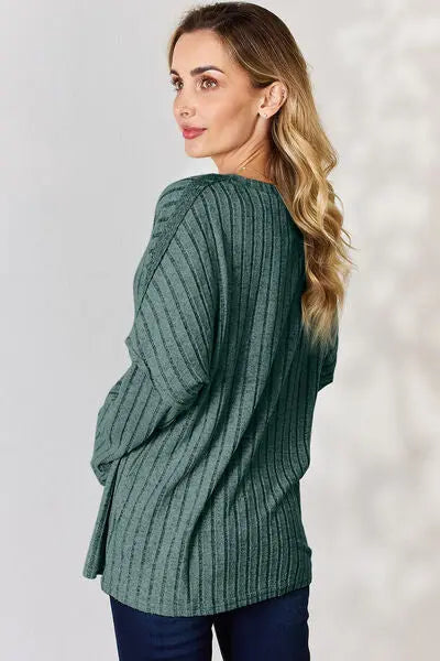 Blue Zone Planet |  Basic Bae Full Size Ribbed Half Button Long Sleeve T-Shirt BLUE ZONE PLANET