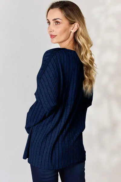 Blue Zone Planet |  Basic Bae Full Size Ribbed Half Button Long Sleeve T-Shirt BLUE ZONE PLANET