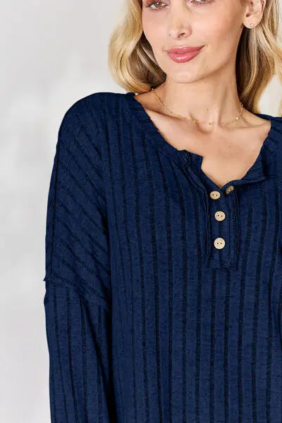 Blue Zone Planet |  Basic Bae Full Size Ribbed Half Button Long Sleeve T-Shirt BLUE ZONE PLANET