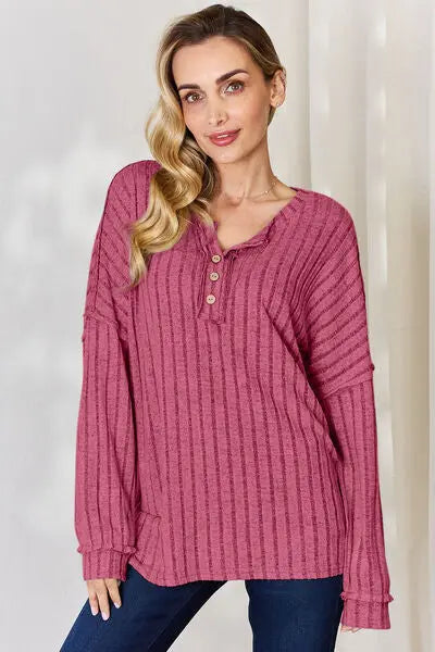 Blue Zone Planet |  Basic Bae Full Size Ribbed Half Button Long Sleeve T-Shirt BLUE ZONE PLANET