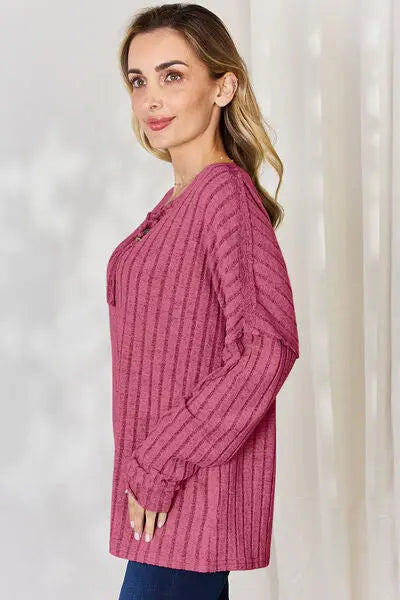 Blue Zone Planet |  Basic Bae Full Size Ribbed Half Button Long Sleeve T-Shirt BLUE ZONE PLANET