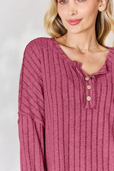Blue Zone Planet |  Basic Bae Full Size Ribbed Half Button Long Sleeve T-Shirt BLUE ZONE PLANET