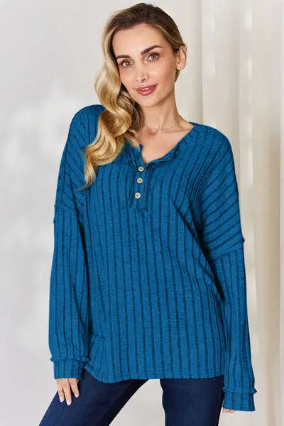 Blue Zone Planet |  Basic Bae Full Size Ribbed Half Button Long Sleeve T-Shirt BLUE ZONE PLANET