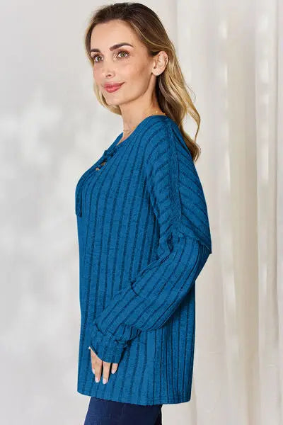 Blue Zone Planet |  Basic Bae Full Size Ribbed Half Button Long Sleeve T-Shirt BLUE ZONE PLANET