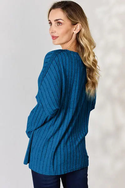 Blue Zone Planet |  Basic Bae Full Size Ribbed Half Button Long Sleeve T-Shirt BLUE ZONE PLANET