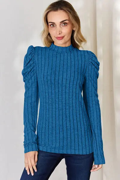 Blue Zone Planet |  Basic Bae Full Size Ribbed Mock Neck Puff Sleeve T-Shirt BLUE ZONE PLANET