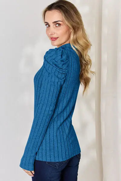 Blue Zone Planet |  Basic Bae Full Size Ribbed Mock Neck Puff Sleeve T-Shirt BLUE ZONE PLANET