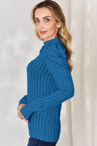 Blue Zone Planet |  Basic Bae Full Size Ribbed Mock Neck Puff Sleeve T-Shirt BLUE ZONE PLANET