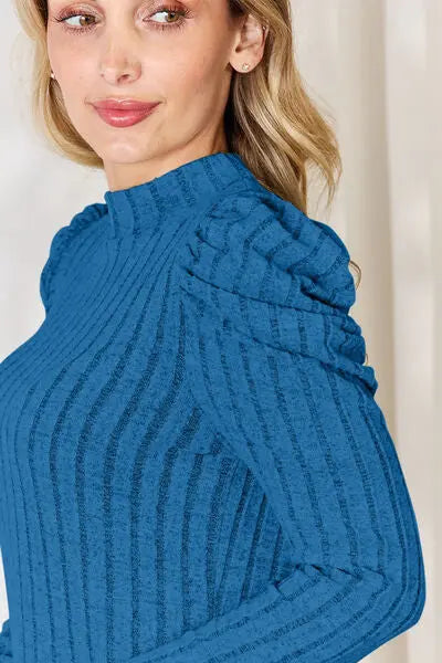 Blue Zone Planet |  Basic Bae Full Size Ribbed Mock Neck Puff Sleeve T-Shirt BLUE ZONE PLANET