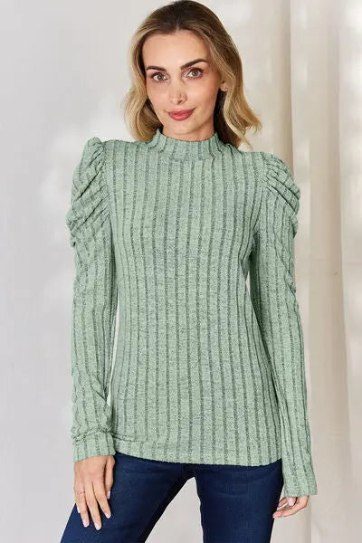Blue Zone Planet |  Basic Bae Full Size Ribbed Mock Neck Puff Sleeve T-Shirt BLUE ZONE PLANET