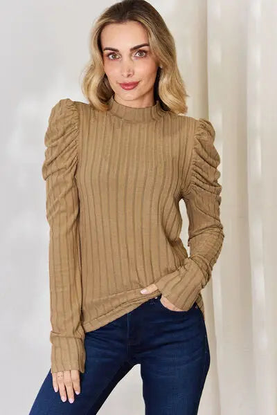 Blue Zone Planet |  Basic Bae Full Size Ribbed Mock Neck Puff Sleeve T-Shirt BLUE ZONE PLANET
