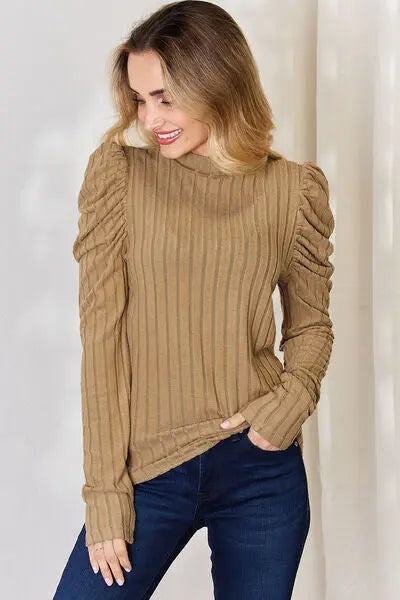 Blue Zone Planet |  Basic Bae Full Size Ribbed Mock Neck Puff Sleeve T-Shirt BLUE ZONE PLANET