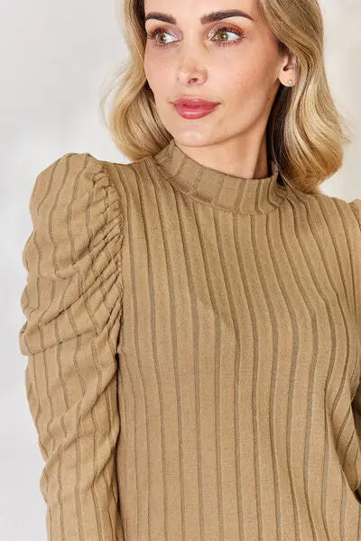 Blue Zone Planet |  Basic Bae Full Size Ribbed Mock Neck Puff Sleeve T-Shirt BLUE ZONE PLANET