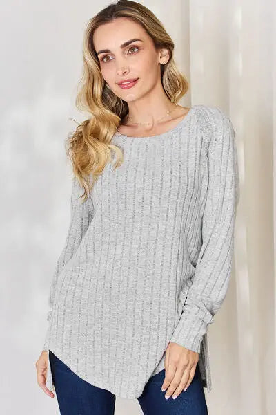 Blue Zone Planet |  Basic Bae Full Size Ribbed Round Neck Slit T-Shirt BLUE ZONE PLANET