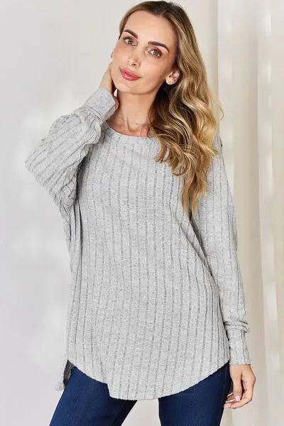 Blue Zone Planet |  Basic Bae Full Size Ribbed Round Neck Slit T-Shirt BLUE ZONE PLANET