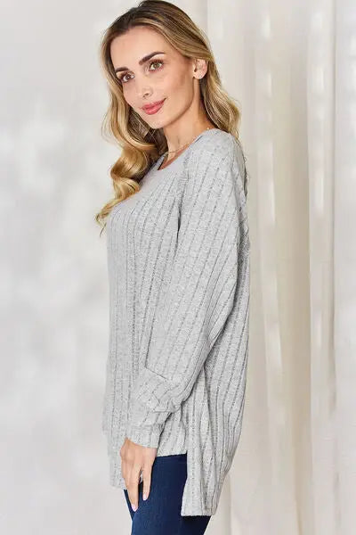 Blue Zone Planet |  Basic Bae Full Size Ribbed Round Neck Slit T-Shirt BLUE ZONE PLANET