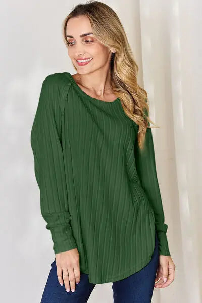 Blue Zone Planet |  Basic Bae Full Size Ribbed Round Neck Slit T-Shirt BLUE ZONE PLANET