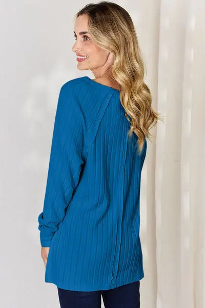 Blue Zone Planet |  Basic Bae Full Size Ribbed Round Neck Slit T-Shirt BLUE ZONE PLANET