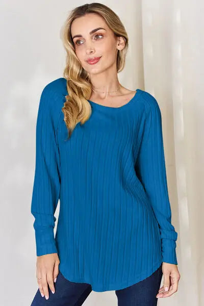 Blue Zone Planet |  Basic Bae Full Size Ribbed Round Neck Slit T-Shirt BLUE ZONE PLANET