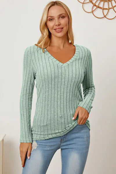 Blue Zone Planet |  Basic Bae Full Size Ribbed V-Neck Long Sleeve T-Shirt BLUE ZONE PLANET