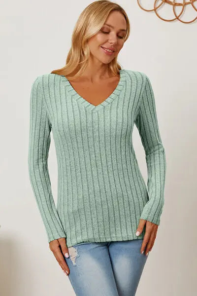 Blue Zone Planet |  Basic Bae Full Size Ribbed V-Neck Long Sleeve T-Shirt BLUE ZONE PLANET