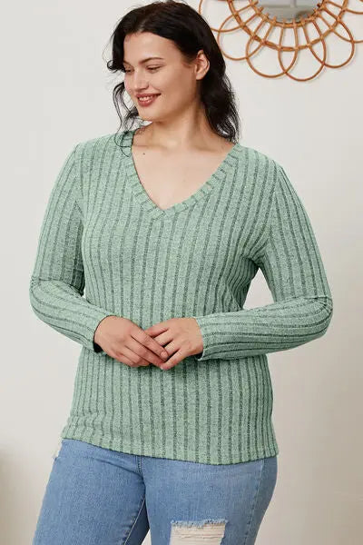 Blue Zone Planet |  Basic Bae Full Size Ribbed V-Neck Long Sleeve T-Shirt BLUE ZONE PLANET