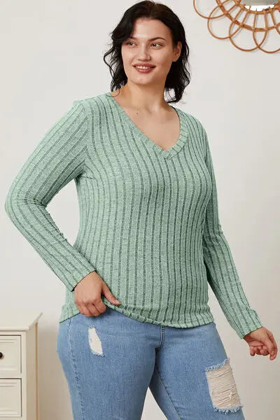 Blue Zone Planet |  Basic Bae Full Size Ribbed V-Neck Long Sleeve T-Shirt BLUE ZONE PLANET