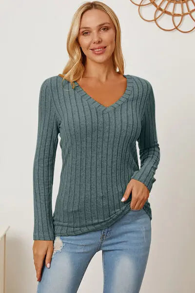 Blue Zone Planet |  Basic Bae Full Size Ribbed V-Neck Long Sleeve T-Shirt BLUE ZONE PLANET