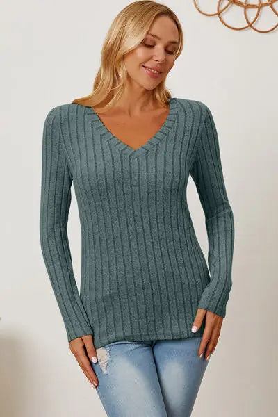 Blue Zone Planet |  Basic Bae Full Size Ribbed V-Neck Long Sleeve T-Shirt BLUE ZONE PLANET
