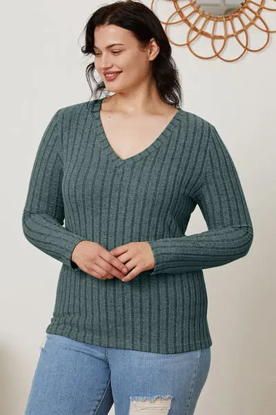 Blue Zone Planet |  Basic Bae Full Size Ribbed V-Neck Long Sleeve T-Shirt BLUE ZONE PLANET