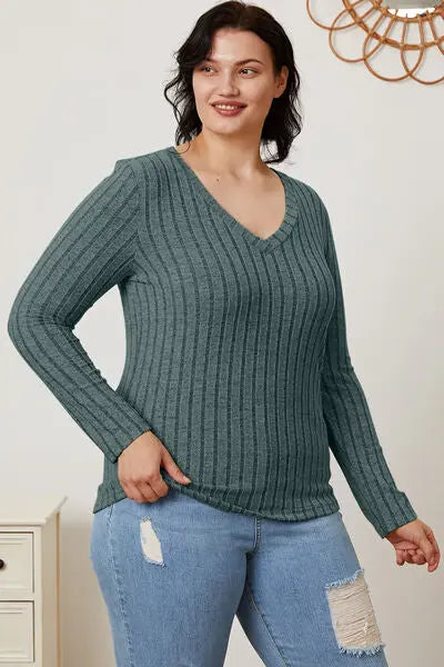 Blue Zone Planet |  Basic Bae Full Size Ribbed V-Neck Long Sleeve T-Shirt BLUE ZONE PLANET