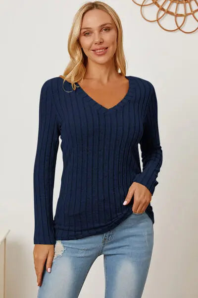 Blue Zone Planet |  Basic Bae Full Size Ribbed V-Neck Long Sleeve T-Shirt BLUE ZONE PLANET