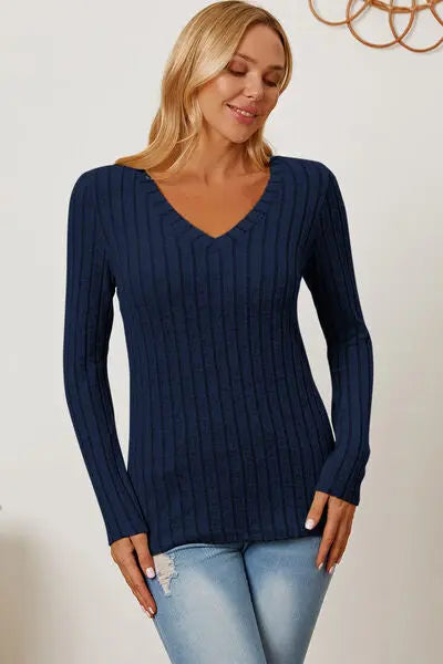 Blue Zone Planet |  Basic Bae Full Size Ribbed V-Neck Long Sleeve T-Shirt BLUE ZONE PLANET