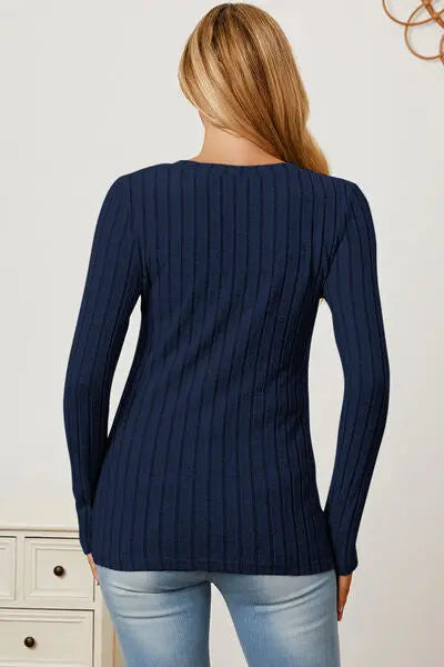 Blue Zone Planet |  Basic Bae Full Size Ribbed V-Neck Long Sleeve T-Shirt BLUE ZONE PLANET