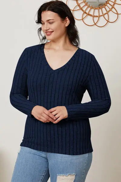Blue Zone Planet |  Basic Bae Full Size Ribbed V-Neck Long Sleeve T-Shirt BLUE ZONE PLANET