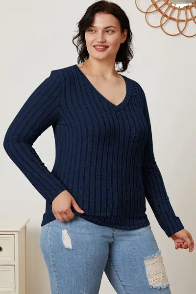 Blue Zone Planet |  Basic Bae Full Size Ribbed V-Neck Long Sleeve T-Shirt BLUE ZONE PLANET