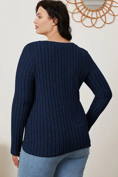 Blue Zone Planet |  Basic Bae Full Size Ribbed V-Neck Long Sleeve T-Shirt BLUE ZONE PLANET