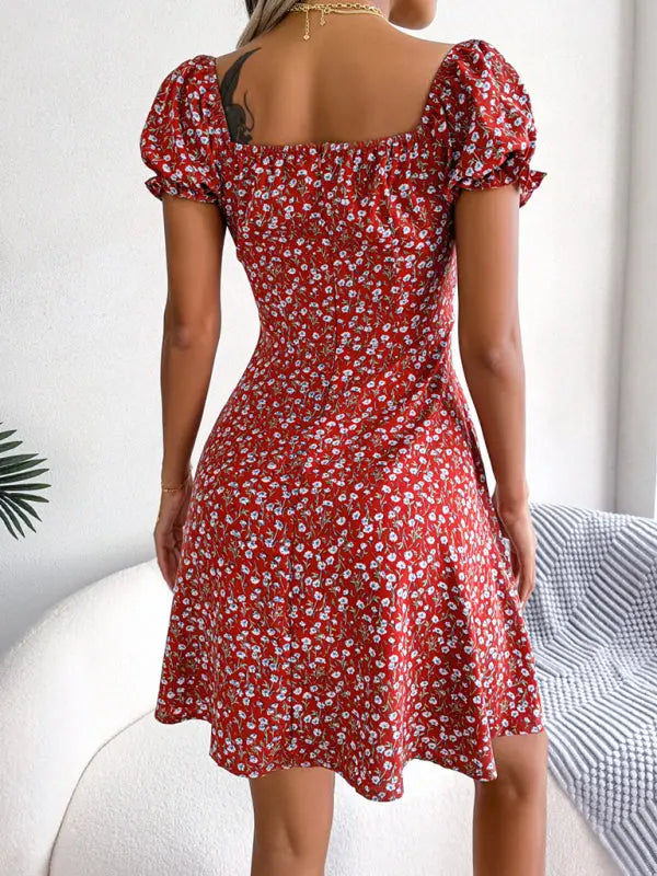Blue Zone Planet | Bell Sleeve Drawstring Tie Floral Swing Mini Dress BLUE ZONE PLANET