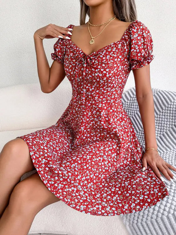 Blue Zone Planet | Bell Sleeve Drawstring Tie Floral Swing Mini Dress BLUE ZONE PLANET