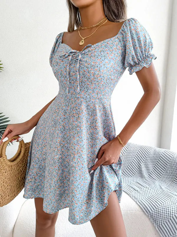 Blue Zone Planet | Bell Sleeve Drawstring Tie Floral Swing Mini Dress BLUE ZONE PLANET