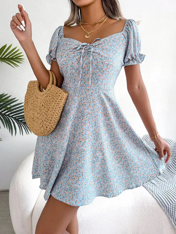 Blue Zone Planet | Bell Sleeve Drawstring Tie Floral Swing Mini Dress BLUE ZONE PLANET
