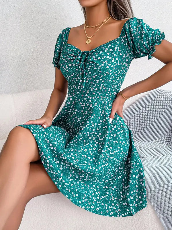 Blue Zone Planet | Bell Sleeve Drawstring Tie Floral Swing Mini Dress BLUE ZONE PLANET