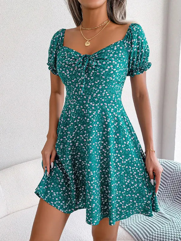 Blue Zone Planet | Bell Sleeve Drawstring Tie Floral Swing Mini Dress BLUE ZONE PLANET