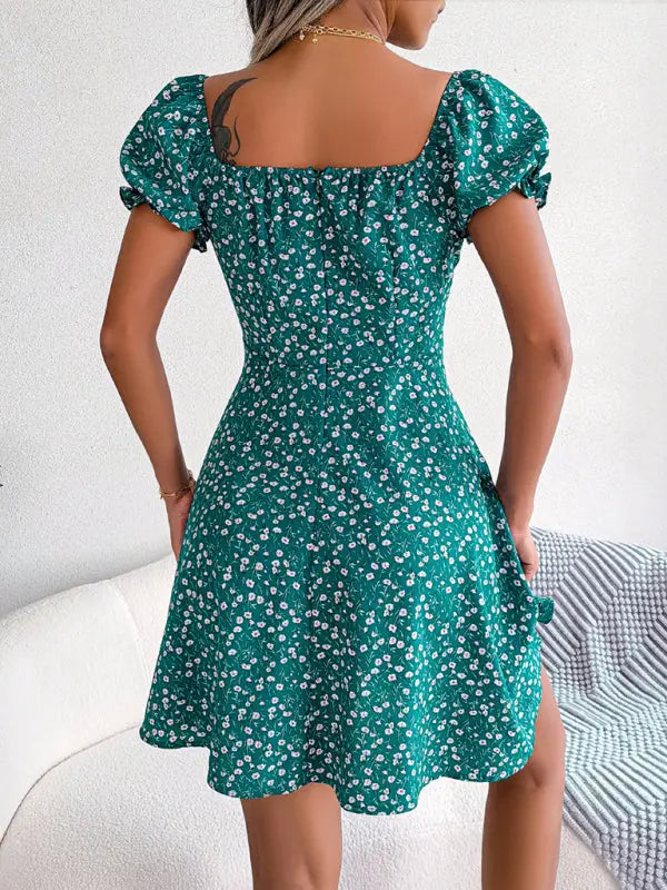 Blue Zone Planet | Bell Sleeve Drawstring Tie Floral Swing Mini Dress BLUE ZONE PLANET
