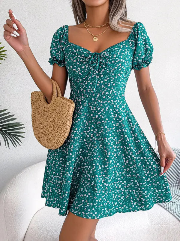 Blue Zone Planet | Bell Sleeve Drawstring Tie Floral Swing Mini Dress BLUE ZONE PLANET