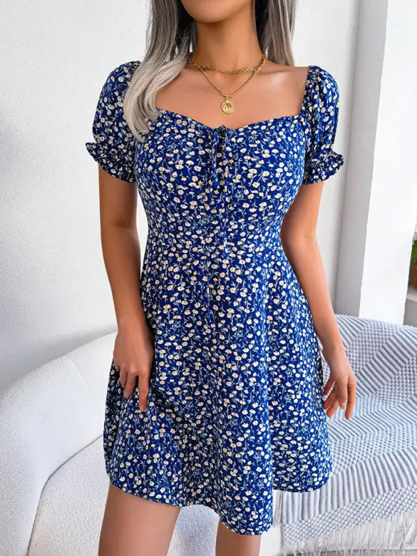 Blue Zone Planet | Bell Sleeve Drawstring Tie Floral Swing Mini Dress BLUE ZONE PLANET