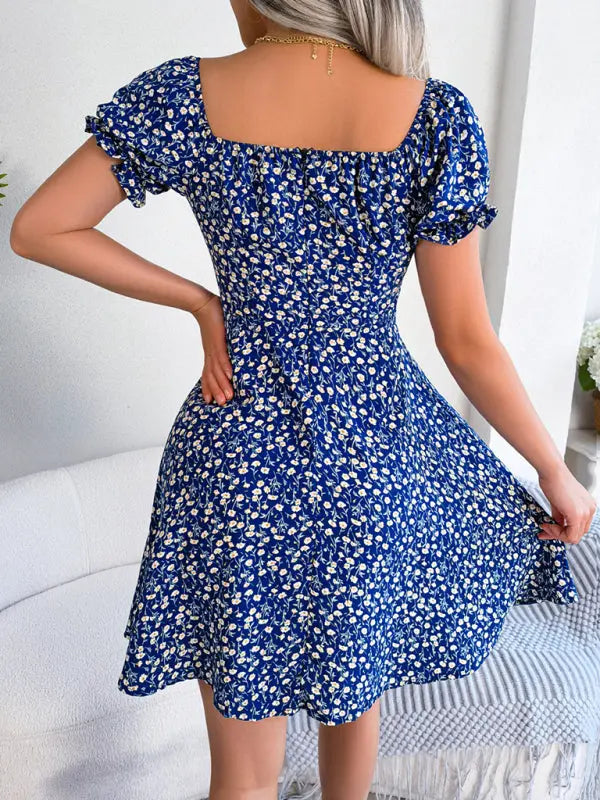 Blue Zone Planet | Bell Sleeve Drawstring Tie Floral Swing Mini Dress BLUE ZONE PLANET