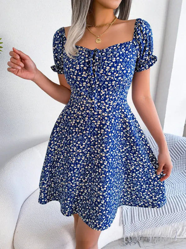 Blue Zone Planet | Bell Sleeve Drawstring Tie Floral Swing Mini Dress BLUE ZONE PLANET